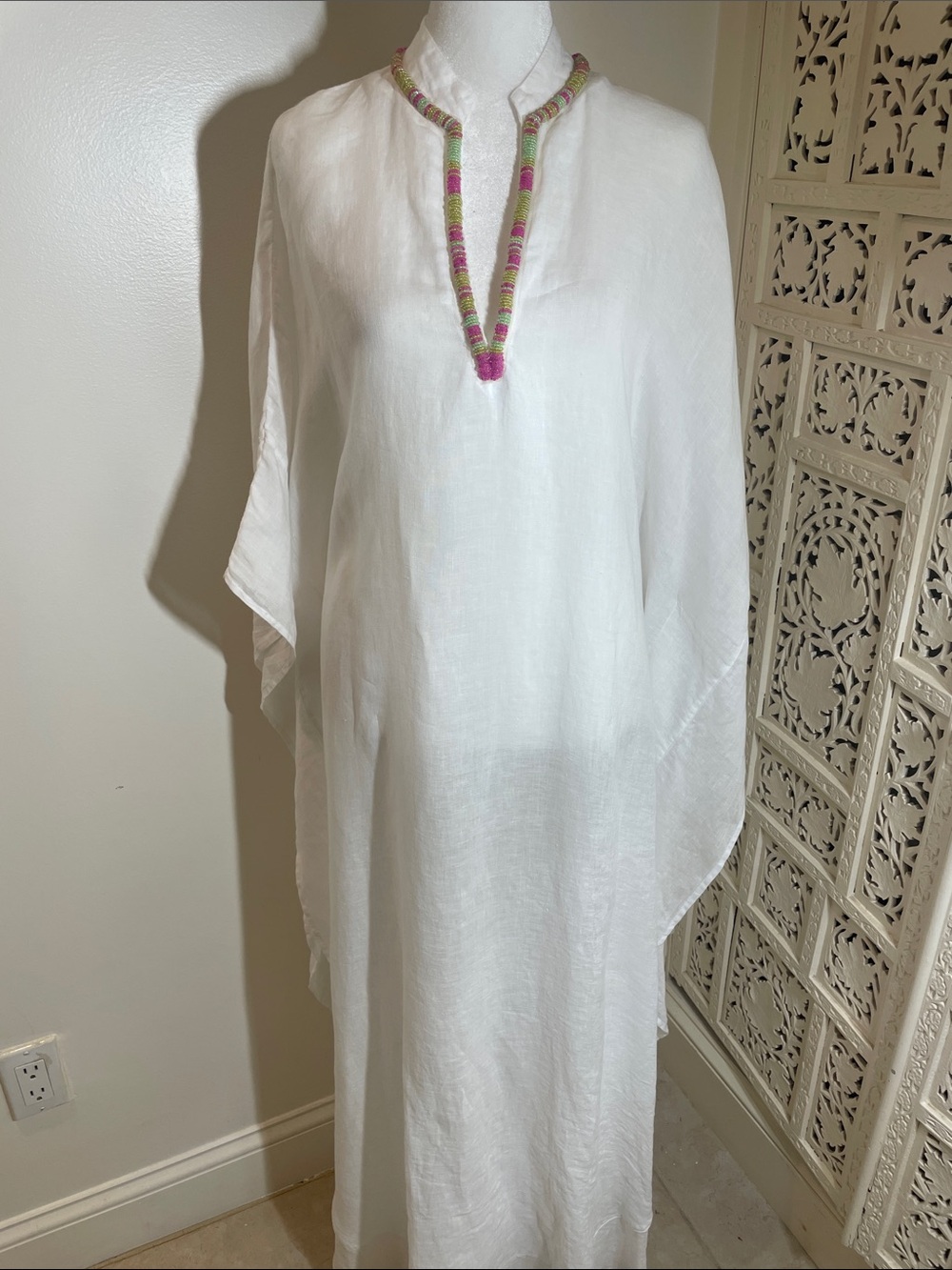 White Linen Caftan Dress with Pink & Green Trim